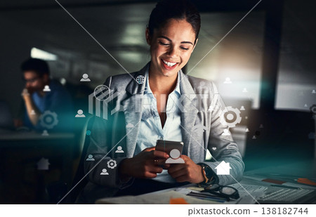 Business woman, phone and icons hologram for social media, contact search and networking in night office. Professional worker typing on mobile or integration software, 3d chat and communication gears Business woman, phone and icons hologram for social media, contact search and networking in night office. Professional worker typing on mobile or integration software, 3d chat and communication gears 138182744