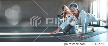 Exercise, mockup and mature woman in gym with personal trainer workout, help and stretching on banner. Info space, fitness and senior person with physio floor challenge, coaching motivation and bokeh Exercise, mockup and mature woman in gym with personal trainer workout, help and stretching on banner. Info space, fitness and senior person with physio floor challenge, coaching motivation and bokeh 138182796