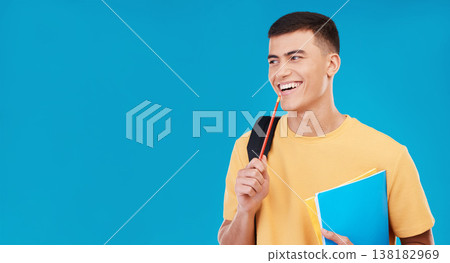 Man, student thinking and happy ideas for college, university or scholarship books and research solution in studio mockup. Person goals, planning and vision for learning on blue background and banner Man, student thinking and happy ideas for college, university or scholarship books and research solution in studio mockup. Person goals, planning and vision for learning on blue background and banner 138182969