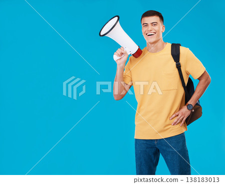 Portrait, megaphone and man with a smile, announcement and promotion on a blue background. Person, activist and happy model with a bullhorn, change and happiness with justice, speech and mockup space Portrait, megaphone and man with a smile, announcement and promotion on a blue background. Person, activist and happy model with a bullhorn, change and happiness with justice, speech and mockup space 138183013