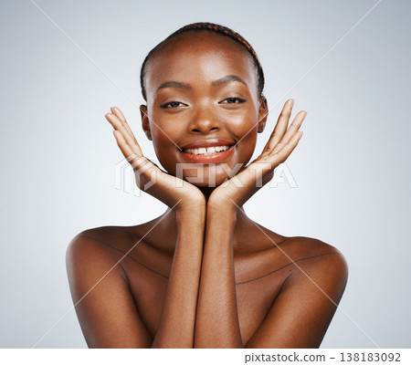 Portrait, smile and beauty with skincare and black woman in studio on a gray background for touch or natural wellness. Frame, spa or luxury and a young model with cosmetic or antiaging treatment 138183092
