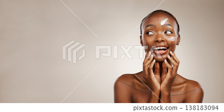 Beauty, smile and black woman with skincare, cream and wellness on a grey studio background. African person, girl or model with creme, aesthetic or cosmetics with happiness, mockup space or self care 138183094
