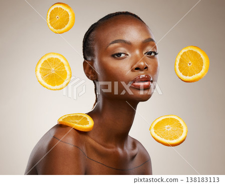 Black woman, skincare or facial treatment with orange, beauty and cosmetics for healthy skin, vitamin c or face. Portrait, model and glow for dermatology, natural and vegan with citrus, clean or face 138183113