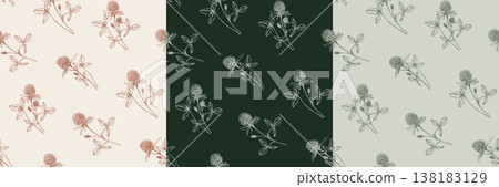 Set of three clover seamless patterns with hand drawn botanical illustrations. Wildflowers in various color palettes, earth tones, dark green, sage. Vector sketches for backgrounds, textiles, wrapping Set of three clover seamless patterns with hand drawn botanical illustrations. Wildflowers in various color palettes, earth tones, dark green, sage. Vector sketches for backgrounds, textiles, wrapping 138183129