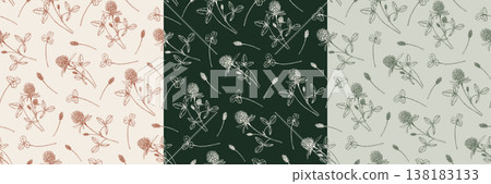 Set of clover seamless patterns. Vintage hand drawn botanical illustrations of wildflowers and shamrocks in different color palettes. Vector sketches for wallpaper, textile, and wrapping paper. 138183133
