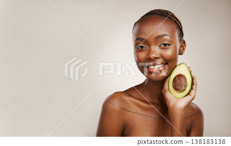 Avocado, beauty and portrait of woman in studio for detox, mockup space and background. Face of happy african model, natural skincare and fruit for vegan cosmetics, sustainable diet or benefits 138183138