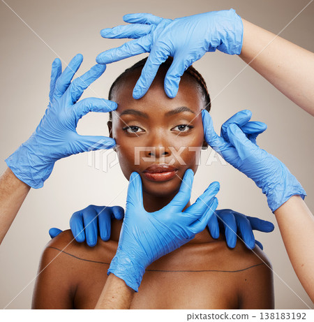 Portrait, hands and plastic surgery for change with a black woman patient in studio on a gray background for cosmetics. Face, beauty transformation and a young model getting ready for derma treatment 138183192