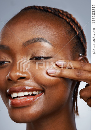 Happy black woman, skincare beauty or smile for wellness in studio with facial cosmetics or glow. Clean detox, smooth or confident African girl model with dermatology results on white background Happy black woman, skincare beauty or smile for wellness in studio with facial cosmetics or glow. Clean detox, smooth or confident African girl model with dermatology results on white background 138183215