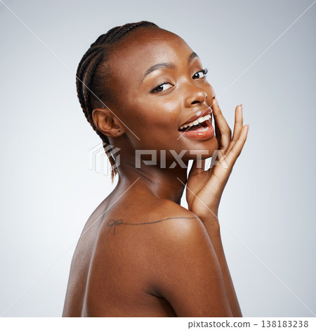 Portrait of happy black woman, beauty or wellness for healthy skin in studio with cosmetics or glow. Dermatology, natural girl or confident African model with skincare results on white background Portrait of happy black woman, beauty or wellness for healthy skin in studio with cosmetics or glow. Dermatology, natural girl or confident African model with skincare results on white background 138183238