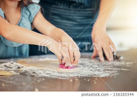Hands, baking and parent help kid with cooking in a home kitchen learning to prepare cookies or biscuits recipe. Development, table and mother teaching child a food hobby in a house together Hands, baking and parent help kid with cooking in a home kitchen learning to prepare cookies or biscuits recipe. Development, table and mother teaching child a food hobby in a house together 138183344
