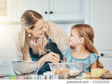 Happy woman in kitchen, baking together with child and teaching, learning and nutrition with mother. Smile, mom and girl kid helping make cookies in home with care, support and love at breakfast. Happy woman in kitchen, baking together with child and teaching, learning and nutrition with mother. Smile, mom and girl kid helping make cookies in home with care, support and love at breakfast. 138183350