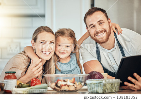 Portrait of happy family in kitchen, cooking with kid and smile, learning and nutrition with parents smile. Mom, dad and girl child making healthy food in home with care, support and love at lunch. Portrait of happy family in kitchen, cooking with kid and smile, learning and nutrition with parents smile. Mom, dad and girl child making healthy food in home with care, support and love at lunch. 138183352