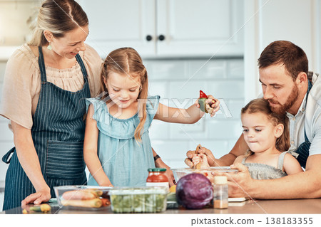 Family in kitchen, cooking together with children and teaching, learning and nutrition with parents. Mom, dad and girl kids help making healthy food in home with care, support and love at happy lunch Family in kitchen, cooking together with children and teaching, learning and nutrition with parents. Mom, dad and girl kids help making healthy food in home with care, support and love at happy lunch 138183355