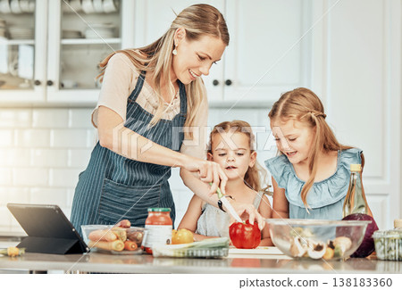 Happy woman in kitchen, cooking together with kids and teaching, learning and nutrition with tablet. Online recipe, mam and girl children help making healthy food in home with care, support and love. 138183360