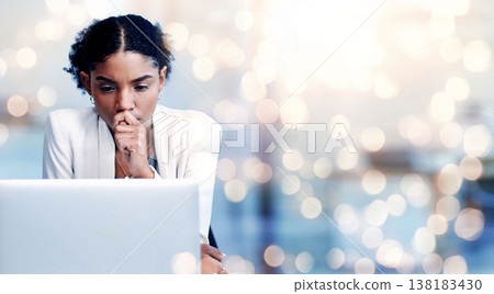 Woman, anxiety and laptop in office with thinking, worry and stress at work for legal compliance. Black lawyer, reading and learning of company policy, corporate governance and reporting in bokeh Woman, anxiety and laptop in office with thinking, worry and stress at work for legal compliance. Black lawyer, reading and learning of company policy, corporate governance and reporting in bokeh 138183430