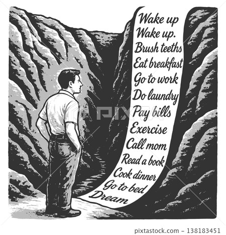 Man Facing Endless Routine List In Canyon vector Man Facing Endless Routine List In Canyon vector 138183451