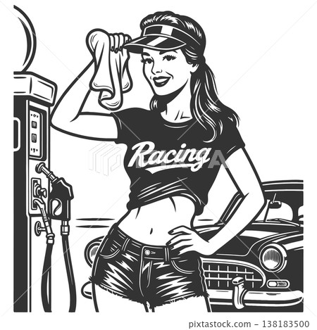 Smiling woman in racing outfit at gas station Smiling woman in racing outfit at gas station 138183500