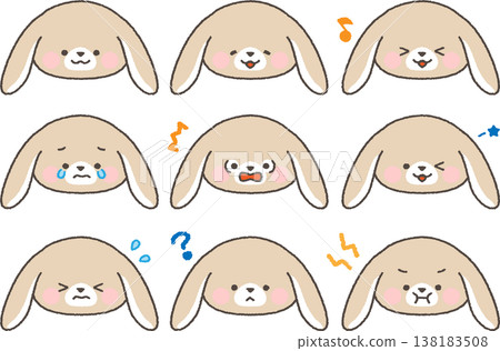 Loop-eared bunny face icon, expression set, with outlines. 138183508