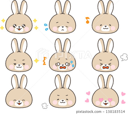 Brown rabbit face icon, comical expression set, with outlines. 138183514