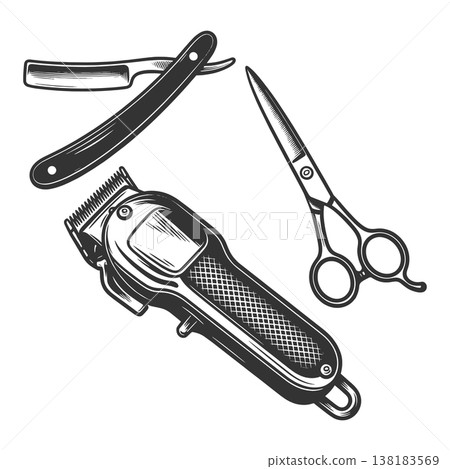 Barber Tools Illustration Clippers Razor Scissors Barber Tools Illustration Clippers Razor Scissors 138183569