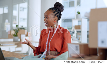 Fashion designer, laptop and black woman on video call for meeting, discussion and material for client. Communication, retail and person on computer for creative startup, small business or boutique Fashion designer, laptop and black woman on video call for meeting, discussion and material for client. Communication, retail and person on computer for creative startup, small business or boutique 138183570