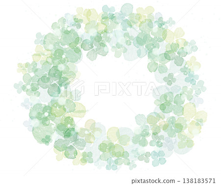 A round wreath featuring watercolor-style hydrangeas and green leaves. A refreshing green background image. A round wreath featuring watercolor-style hydrangeas and green leaves. A refreshing green background image. 138183571