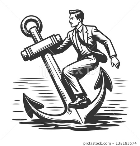 Businessman Balancing on Anchor in Rough Sea Businessman Balancing on Anchor in Rough Sea 138183574