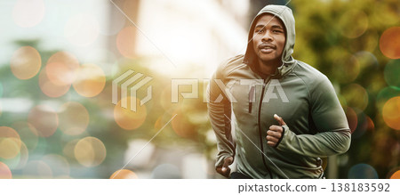 Fitness, bokeh and black man running outdoor, exercise or training healthy body in the morning in winter. Sport, cardio and African athlete workout, jog for wellness or energy for endurance in nature Fitness, bokeh and black man running outdoor, exercise or training healthy body in the morning in winter. Sport, cardio and African athlete workout, jog for wellness or energy for endurance in nature 138183592