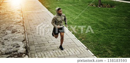 Fitness, park and black man running outdoor, exercise and training healthy body in the morning. Sports, cardio and African athlete at garden for workout, energy and jog for wellness, marathon or race Fitness, park and black man running outdoor, exercise and training healthy body in the morning. Sports, cardio and African athlete at garden for workout, energy and jog for wellness, marathon or race 138183593