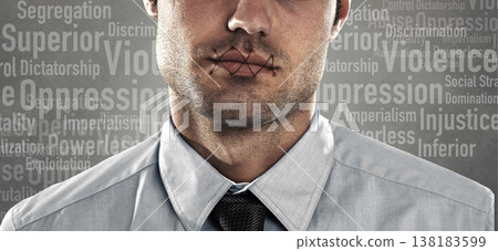 Man, lips and silence in studio for freedom, violence and fight with text overlay for protest. Human rights, person and thread on mouth for oppression, equality and empowerment with abuse or justice 138183599
