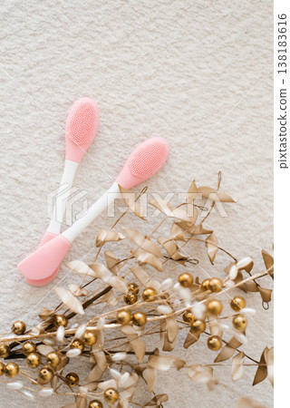 Cosmetic Silicone Brushes Resting On Soft Surface 138183616