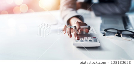 Person, hand and calculator for finance, budget planning or accounting audit on mockup at office. Closeup of accountant or employee in financial management, profit or expenses on bokeh background Person, hand and calculator for finance, budget planning or accounting audit on mockup at office. Closeup of accountant or employee in financial management, profit or expenses on bokeh background 138183638