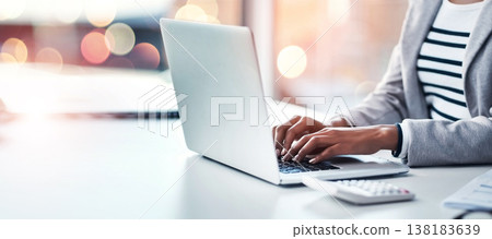 Hands, laptop and a business woman typing on double exposure space in an office while working on a research report. Computer, mockup and flare with a professional employee closeup at a workplace desk Hands, laptop and a business woman typing on double exposure space in an office while working on a research report. Computer, mockup and flare with a professional employee closeup at a workplace desk 138183639
