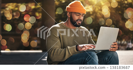 Student, man and computer at outdoor campus for university, college and scholarship research or studying in park. African person on laptop streaming for online education, website or e learning banner Student, man and computer at outdoor campus for university, college and scholarship research or studying in park. African person on laptop streaming for online education, website or e learning banner 138183687