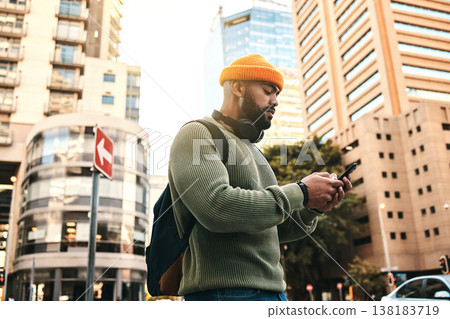 City, phone and man typing, walking and check email, mobile communication or app notification on morning journey. Smartphone, connectivity and person contact social media user on street, road or trip City, phone and man typing, walking and check email, mobile communication or app notification on morning journey. Smartphone, connectivity and person contact social media user on street, road or trip 138183719