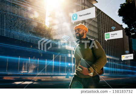 Augmented reality, connection and student walking in city with hologram for futuristic internet travel in outdoor town. Digital, digital and man commute in metaverse location with online technology 138183732