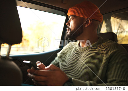 Man, smartphone in car and communication, travel and transportation, navigation app and social media. Email, chat and taxi cab, technology and text message with transport and search location online Man, smartphone in car and communication, travel and transportation, navigation app and social media. Email, chat and taxi cab, technology and text message with transport and search location online 138183748