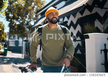 Bicycle, walking and man in city for travel, adventure and journey for weekend, holiday or vacation. Fashion, style and person on bike for eco friendly transport, carbon footprint and cycling in road 138183825
