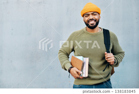 Backpack, books and student or man on a wall background for scholarship, university or college education and learning. Happy portrait of african person in bag and resources for studying with mockup Backpack, books and student or man on a wall background for scholarship, university or college education and learning. Happy portrait of african person in bag and resources for studying with mockup 138183845