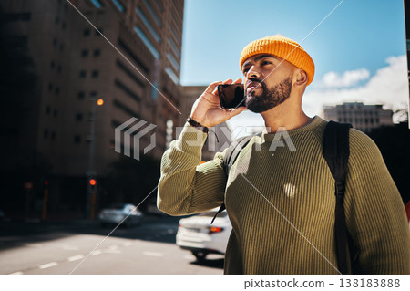 Man, phone call and walking outdoor for college communication, scholarship opportunity and feedback. African student thinking and talking on mobile for university information, contact or city travel 138183888