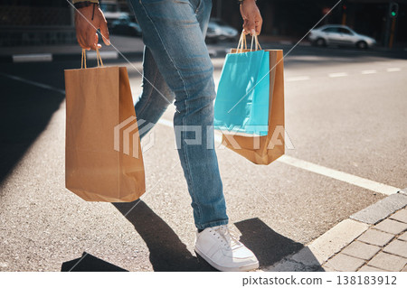 Legs, shopping bag and city person walking, travel and carry retail package, sales product and on outdoor journey. Urban foot steps, commerce market and person commuting with store discount purchase 138183912