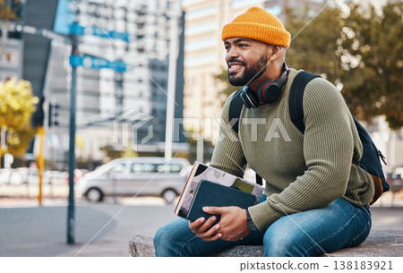 Happy man sitting in city with university books and smile on morning relax at campus for education with backpack. Learning, studying and college student waiting on urban street with school notebook. 138183921