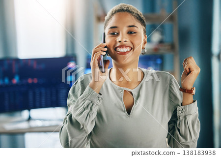 Woman, phone call and programmer with celebration, investment and connection with conversation. Person, employee and trader with cellphone, achievement and digital app with bonus, savings and profit 138183938