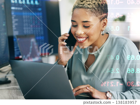 Woman, phone with data overlay and laptop for cryptocurrency, networking and investment in cyber stocks. Nft, financial advisor or broker on cellphone for advice on profit, market and online trading. Woman, phone with data overlay and laptop for cryptocurrency, networking and investment in cyber stocks. Nft, financial advisor or broker on cellphone for advice on profit, market and online trading. 138183957