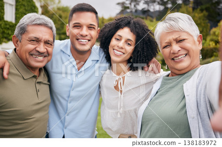 Happy family, children and parents with selfie in garden for love, hug and happiness at home or house. Profile picture, men and women outdoor in nature for relax, memory or bond on weekend with smile 138183972