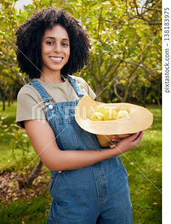 Happy woman in orchard, portrait and agriculture, lemon in nature with healthy food for nutrition on citrus farm. Farmer, picking fruit and smile with harvest, sustainability and organic product Happy woman in orchard, portrait and agriculture, lemon in nature with healthy food for nutrition on citrus farm. Farmer, picking fruit and smile with harvest, sustainability and organic product 138183975