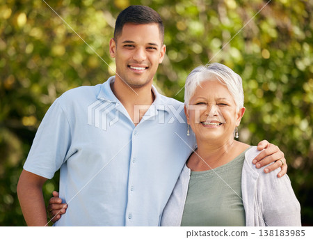 Man, senior mom or portrait in park on mothers day for bond, support or love with smile, care or pride. Hug, retirement or mature parent by a happy son in outdoor together on family holiday vacation 138183985