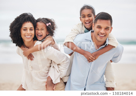 Beach, portrait or parents with happy kids in nature to enjoy a family holiday vacation in New Zealand. Travel, piggy back or father at sea or ocean with mom or children to relax or bond together Beach, portrait or parents with happy kids in nature to enjoy a family holiday vacation in New Zealand. Travel, piggy back or father at sea or ocean with mom or children to relax or bond together 138184014
