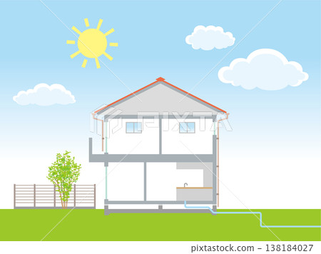 Illustration of a cross-section of a detached house Illustration of a cross-section of a detached house 138184027