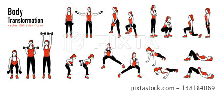 Illustration of a woman doing weight training. 138184069